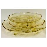 O1 - Vintage Lancaster Glass Topaz Egyptian-Etched Dishes (Lot of 5) Landrum 10in Cake Tray, Rose Bowl, 1930s