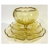 O1 - Vintage Lancaster Glass Topaz Egyptian-Etched Dishes (Lot of 5) Landrum 10in Cake Tray, Rose Bowl, 1930s