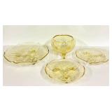 O1 - Vintage Lancaster Glass Topaz Egyptian-Etched Dishes (Lot of 5) Landrum 10in Cake Tray, Rose Bowl, 1930s