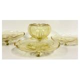 O1 - Vintage Lancaster Glass Topaz Egyptian-Etched Dishes (Lot of 5) Landrum 10in Cake Tray, Rose Bowl, 1930s