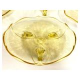 O1 - Vintage Lancaster Glass Topaz Egyptian-Etched Dishes (Lot of 5) Landrum 10in Cake Tray, Rose Bowl, 1930s