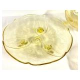 O1 - Vintage Lancaster Glass Topaz Egyptian-Etched Dishes (Lot of 5) Landrum 10in Cake Tray, Rose Bowl, 1930s