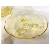 O1 - Vintage Lancaster Glass Topaz Egyptian-Etched Dishes (Lot of 5) Landrum 10in Cake Tray, Rose Bowl, 1930s