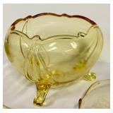 O1 - Vintage Lancaster Glass Topaz Egyptian-Etched Dishes (Lot of 5) Landrum 10in Cake Tray, Rose Bowl, 1930s