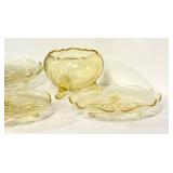 O1 - Vintage Lancaster Glass Topaz Egyptian-Etched Dishes (Lot of 5) Landrum 10in Cake Tray, Rose Bowl, 1930s