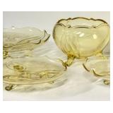 O1 - Vintage Lancaster Glass Topaz Egyptian-Etched Dishes (Lot of 5) Landrum 10in Cake Tray, Rose Bowl, 1930s