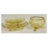 O1 - Vintage Lancaster Glass Topaz Egyptian-Etched Dishes (Lot of 5) Landrum 10in Cake Tray, Rose Bowl, 1930s
