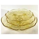 O1 - Vintage Lancaster Glass Topaz Egyptian-Etched Dishes (Lot of 5) Landrum 10in Cake Tray, Rose Bowl, 1930s
