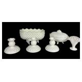 E4 - Fenton Milk Glass Lot - Candy Box, 3 Candle Holders, Fan Vase, Hop Nail Planter