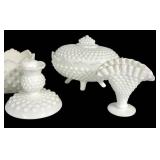 E4 - Fenton Milk Glass Lot - Candy Box, 3 Candle Holders, Fan Vase, Hop Nail Planter