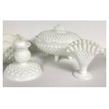E4 - Fenton Milk Glass Lot - Candy Box, 3 Candle Holders, Fan Vase, Hop Nail Planter