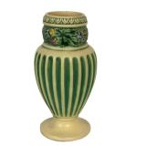 L1 - Ceramic Vase - Green Stripe Body with Vine-Decorated Neck
