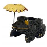 M2 - Vintage McCoy Black Frog Planter - 1954 Black Ceramic with Yellow Umbrella
