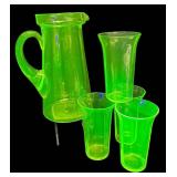 M1 - Uranium Glass Pitcher with Lid & Four  Tumblers - Vintage Vaseline Green