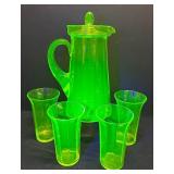 M1 - Uranium Glass Pitcher with Lid & Four  Tumblers - Vintage Vaseline Green