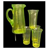 M1 - Uranium Glass Pitcher with Lid & Four  Tumblers - Vintage Vaseline Green