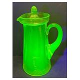 M1 - Uranium Glass Pitcher with Lid & Four  Tumblers - Vintage Vaseline Green