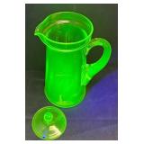 M1 - Uranium Glass Pitcher with Lid & Four  Tumblers - Vintage Vaseline Green