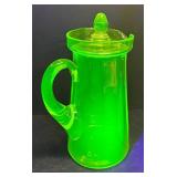 M1 - Uranium Glass Pitcher with Lid & Four  Tumblers - Vintage Vaseline Green
