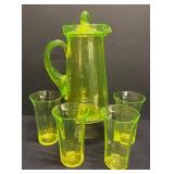 M1 - Uranium Glass Pitcher with Lid & Four  Tumblers - Vintage Vaseline Green