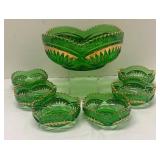 A1 - Antique Heisey Pineapple & Fan Green Glass Serving Bowl Set