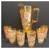 C4 - Vintage Jeanette Iridescent Sunflower Pitcher with 6 Glasses