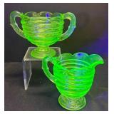 A1 - Vintage Uranium Glass Beehive Ribbed Creamer and Sugar Dish