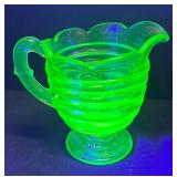 A1 - Vintage Uranium Glass Beehive Ribbed Creamer and Sugar Dish