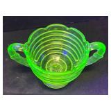 A1 - Vintage Uranium Glass Beehive Ribbed Creamer and Sugar Dish