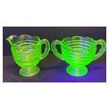 A1 - Vintage Uranium Glass Beehive Ribbed Creamer and Sugar Dish