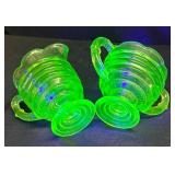 A1 - Vintage Uranium Glass Beehive Ribbed Creamer and Sugar Dish