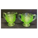 A1 - Vintage Uranium Glass Beehive Ribbed Creamer and Sugar Dish
