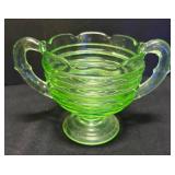A1 - Vintage Uranium Glass Beehive Ribbed Creamer and Sugar Dish