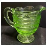A1 - Vintage Uranium Glass Beehive Ribbed Creamer and Sugar Dish