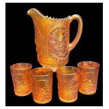 C3 - Vintage Imperial Glass Windmill Medallion Marigold Carnival Glass Water Pitcher and Tumbler Set