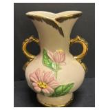 A2 - Hull Pottery Floral Vase - Pink Flower Relief, Green Leaves and Gold Trim