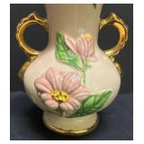 A2 - Hull Pottery Floral Vase - Pink Flower Relief, Green Leaves and Gold Trim