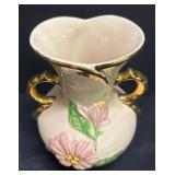 A2 - Hull Pottery Floral Vase - Pink Flower Relief, Green Leaves and Gold Trim