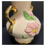 A2 - Hull Pottery Floral Vase - Pink Flower Relief, Green Leaves and Gold Trim