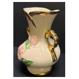 A2 - Hull Pottery Floral Vase - Pink Flower Relief, Green Leaves and Gold Trim