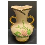 A2 - Hull Pottery Floral Vase - Pink Flower Relief, Green Leaves and Gold Trim
