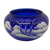 A2 - Fenton Art Winter Scene Hand-Painted Cobalt Blue Glass Bowl