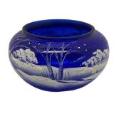 A2 - Fenton Art Winter Scene Hand-Painted Cobalt Blue Glass Bowl