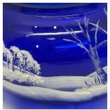 A2 - Fenton Art Winter Scene Hand-Painted Cobalt Blue Glass Bowl