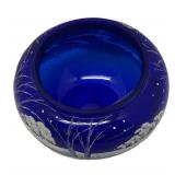 A2 - Fenton Art Winter Scene Hand-Painted Cobalt Blue Glass Bowl