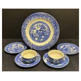 A2 - Vintage Willow Woods Blue Willow Transferware with 4 Saucers & 2 Cups and Plate