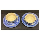 A2 - Vintage Willow Woods Blue Willow Transferware with 4 Saucers & 2 Cups and Plate