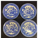 A2 - Vintage Willow Woods Blue Willow Transferware with 4 Saucers & 2 Cups and Plate