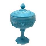 A5 - Fenton Vintage Blue Slag Glass Cabbage Rose Pedestal Compote