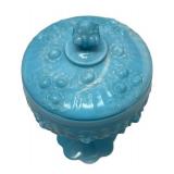 A5 - Fenton Vintage Blue Slag Glass Cabbage Rose Pedestal Compote